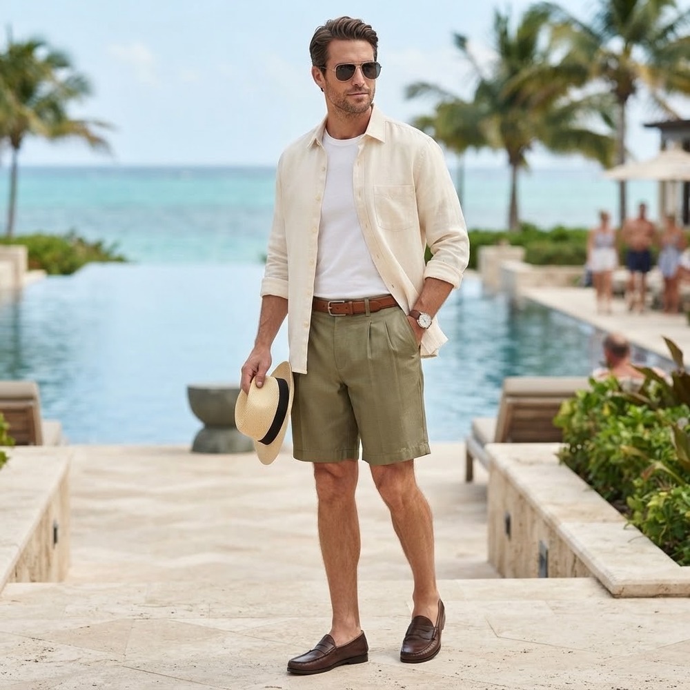Bamboo Cay Pleated Resort Shorts 34 Olive Green Modal Blend Tropical Safari